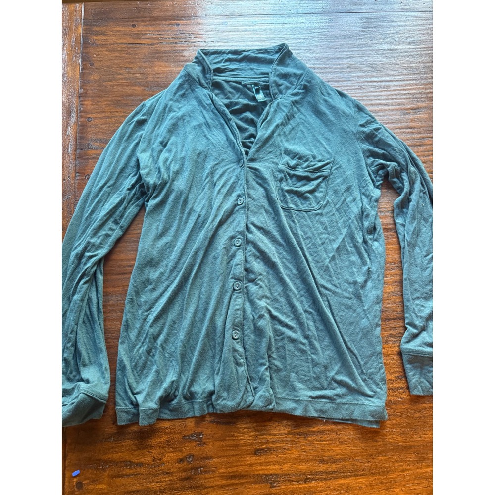 SKIMS Teal Long Sleeve Button Front Sleep Top with Pocket, Size S